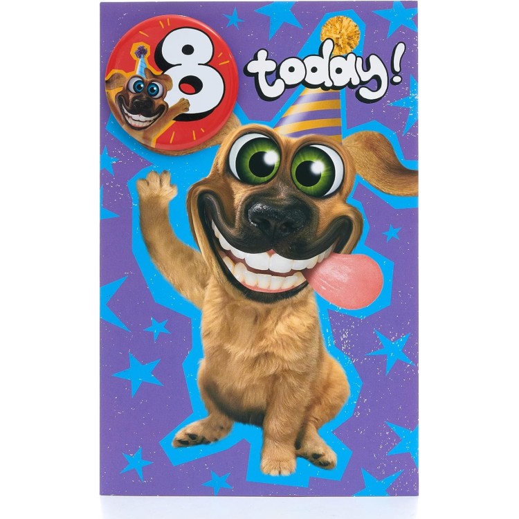 Party Dog Age 8 Birthday Card with Badge